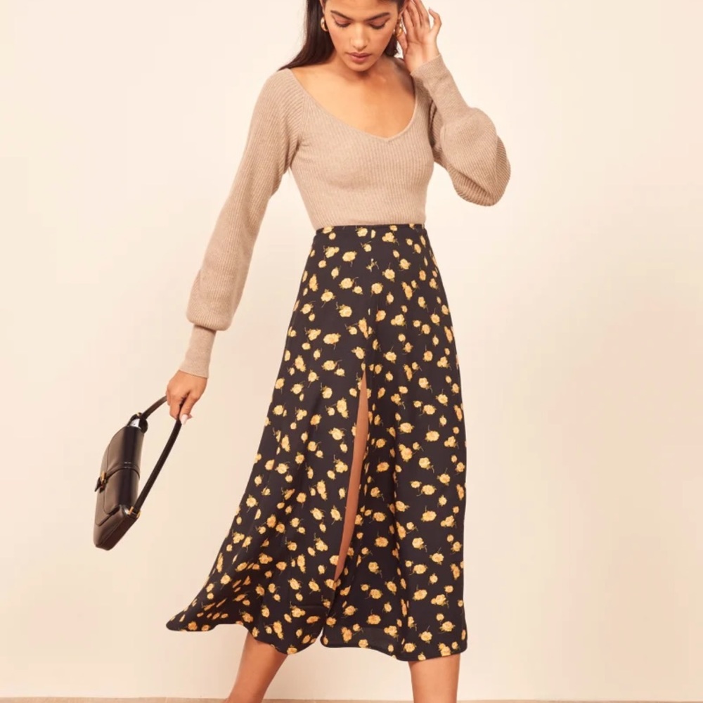 Reformation Black Maxi Skirt with Yellow Floral Print